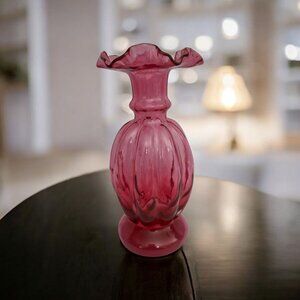 Vintage Fenton Cranberry Art Glass Vase – Ruffled Top – 8” Tall – Handcrafted